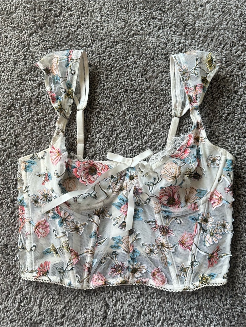 Victoria's Secret Floral Lace-Trim Camisole in Ivory with Pink & Blue Accents